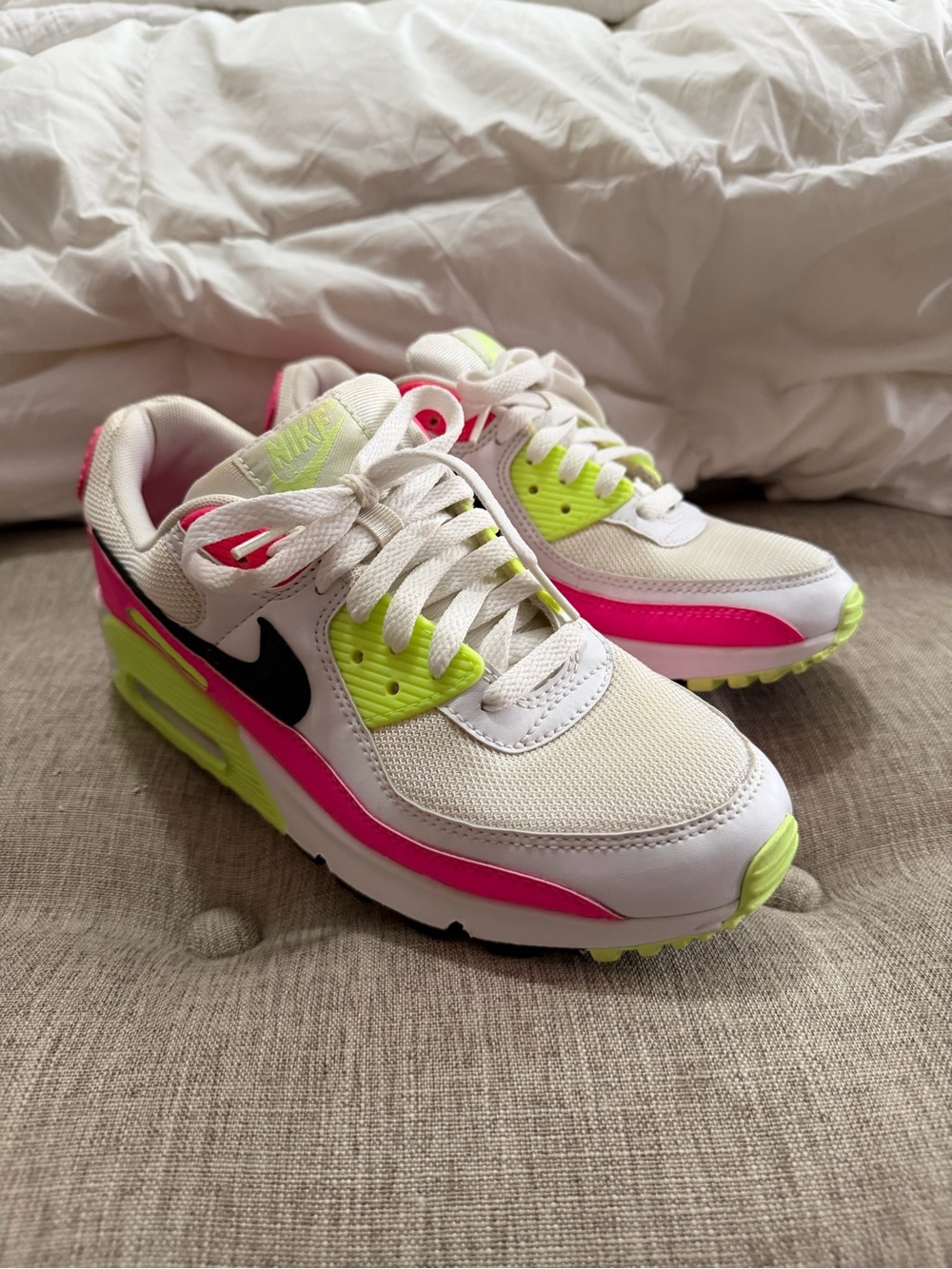 Nike Women’s White Sneakers with Pink and Neon Yellow Accents